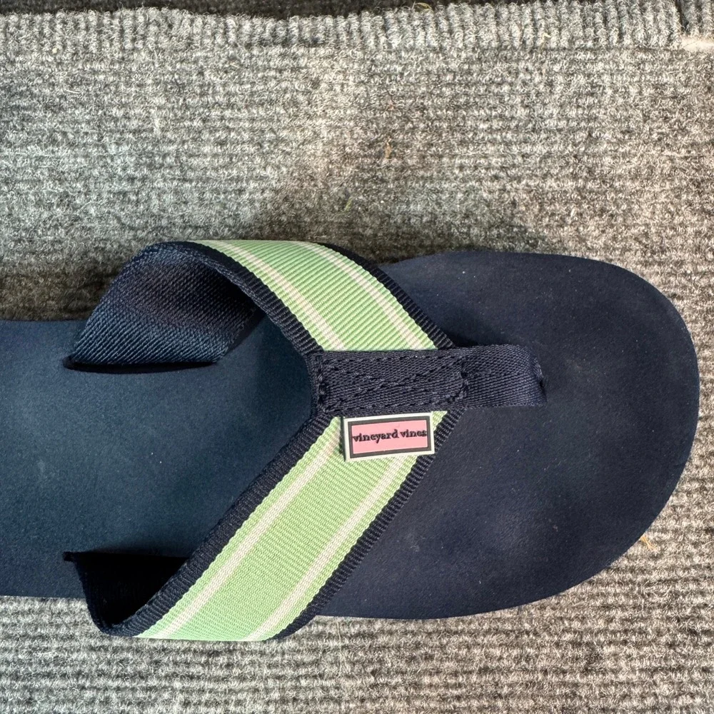 Vineyard Vines Navy Blue Green Striped Ribbon Flip Flop Sandals Kids Size 4